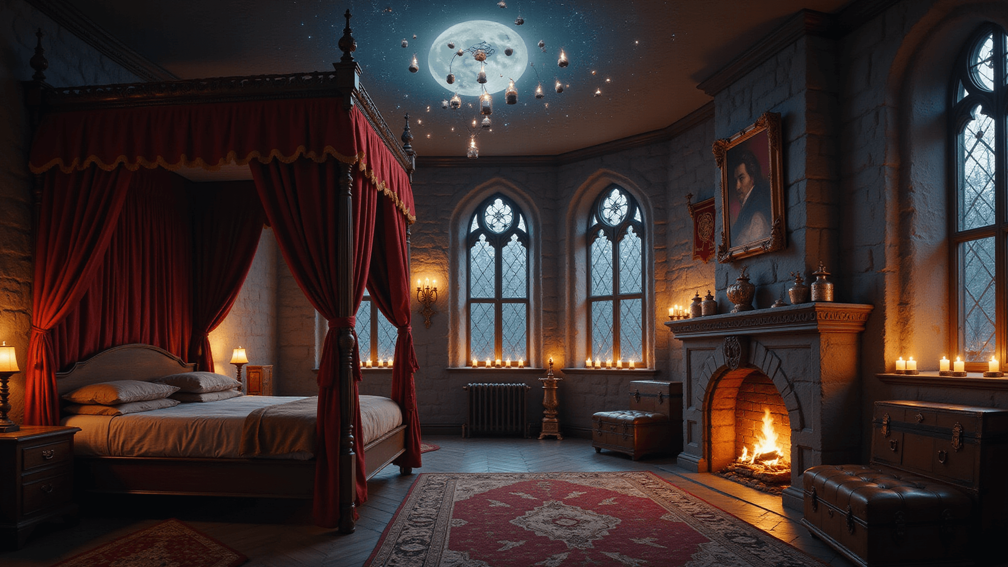 Cinematic wide-angle view of a Hogwarts-inspired bedroom at twilight, featuring a grand four-poster bed, floating candles, Gothic stone walls, and shimmering moonlight through stained glass windows.