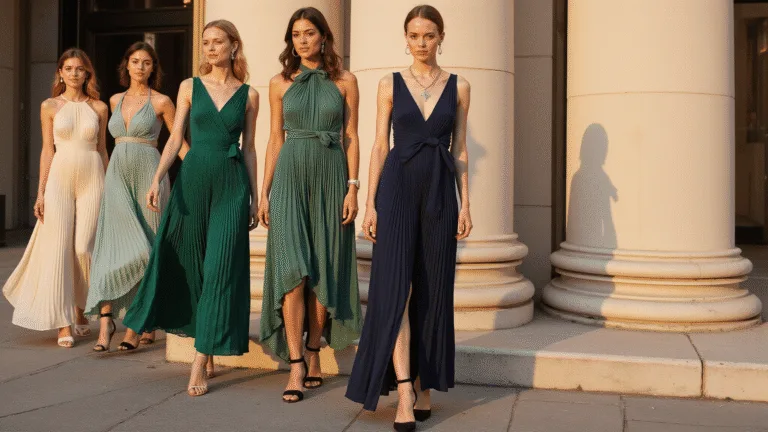 A collection of pleated dresses in pearl cream, sage green, navy, and emerald displayed in a luxurious Manhattan setting during golden hour, featuring flowing pleats and bow details, styled with leather accessories and statement jewelry against an urban backdrop.