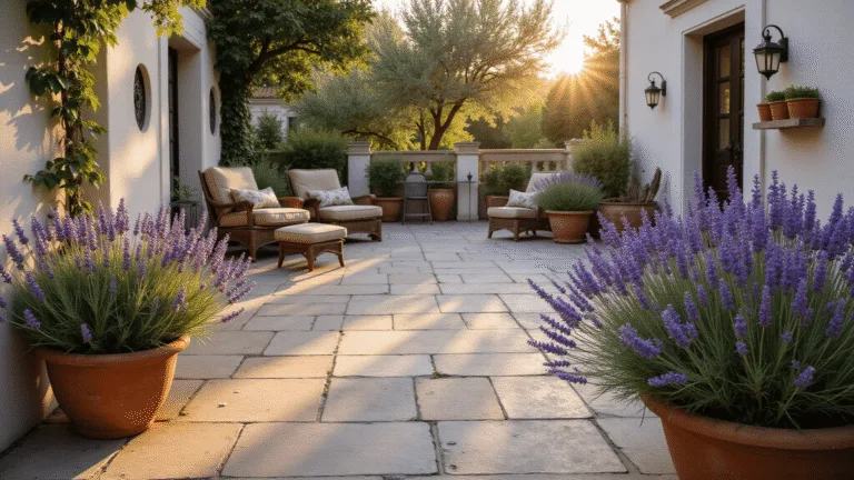 Cinematic wide shot of a sun-drenched Mediterranean garden terrace at golden hour, featuring lavender in terracotta planters, whitewashed walls, and ancient olive trees, with warm light and soft bokeh effect.