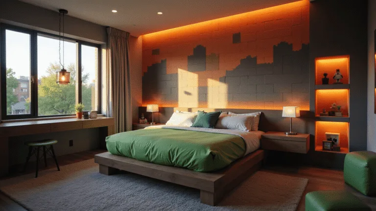 A modern Minecraft-themed bedroom with a block-style platform bed, earthy geometric mural, illuminated collectibles, and ambient LED lighting, captured during golden hour in 8K resolution.