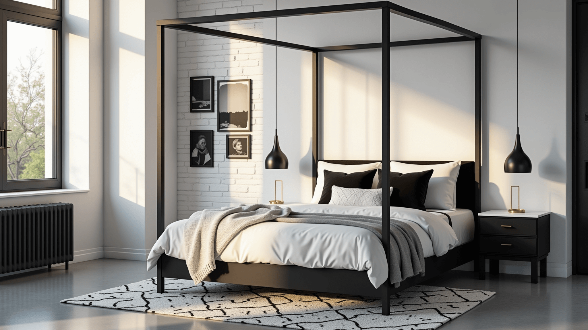 Hyperrealistic photograph of a sophisticated minimalist black and white industrial bedroom featuring a black metal canopy bed with white Belgian linen, velvet pillows, and geometric area rug, illuminated by morning sunlight through large windows.