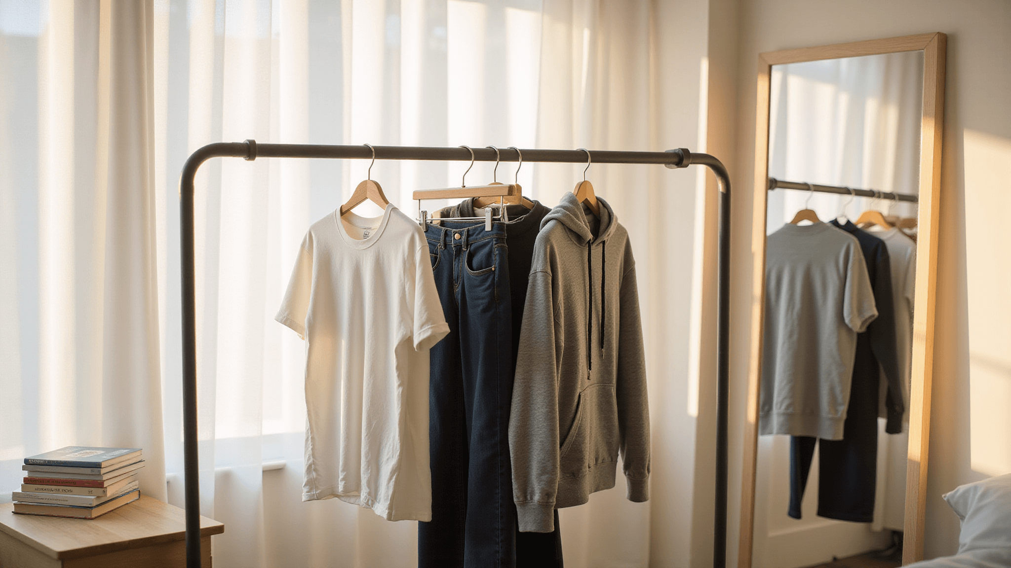 A sunlit minimalist dorm room showcasing a sleek clothing rack with white t-shirts, dark wash jeans, and a gray hoodie, illuminated by golden hour light filtering through white curtains. A full-length mirror reflects the organized wardrobe, and a stack of textbooks is neatly placed nearby, all in soft, warm tones.