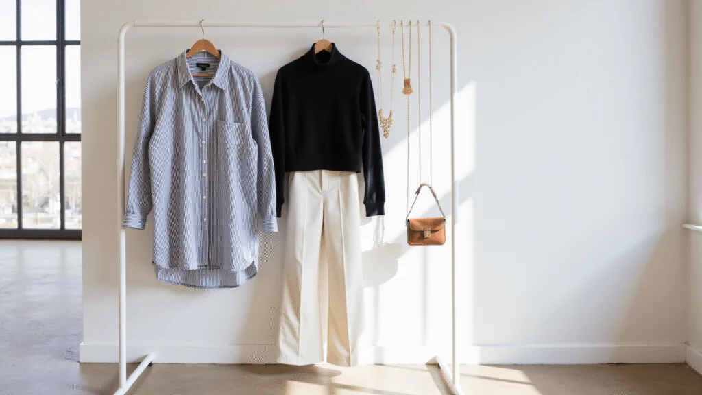 Bright, airy studio featuring a curated minimalist wardrobe collection on white racks, including an oversized striped button-down, fitted black turtleneck, and wide-leg cream trousers, illuminated by natural sunlight streaming through large windows.