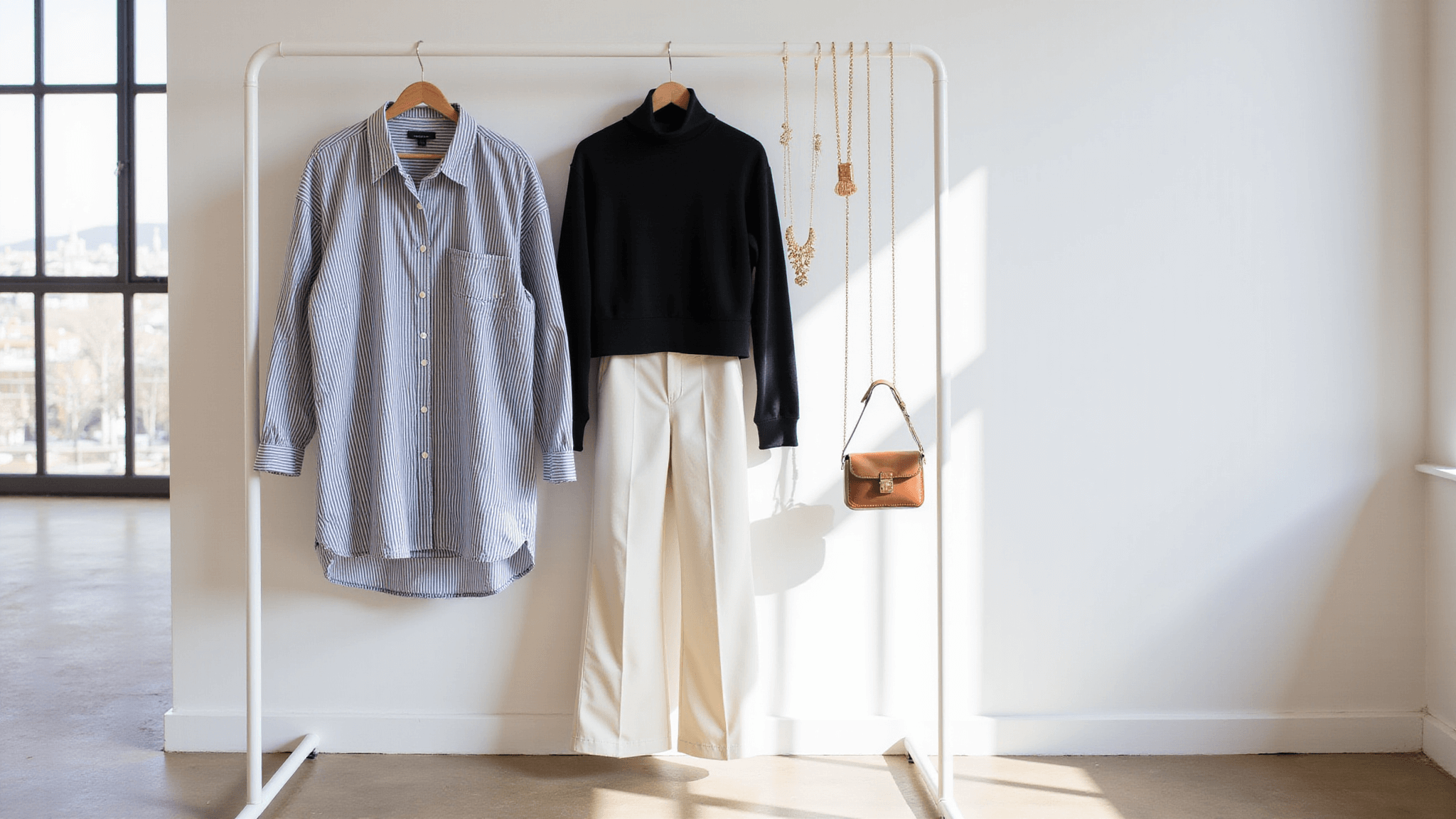 Bright, airy studio featuring a curated minimalist wardrobe collection on white racks, including an oversized striped button-down, fitted black turtleneck, and wide-leg cream trousers, illuminated by natural sunlight streaming through large windows.