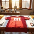 Photorealistic craft room bathed in golden hour light, featuring a worktable with a red t-shirt and white 'm' cutout, surrounded by scissors, fabric, buttons, and an inspiration board for M&M costumes.