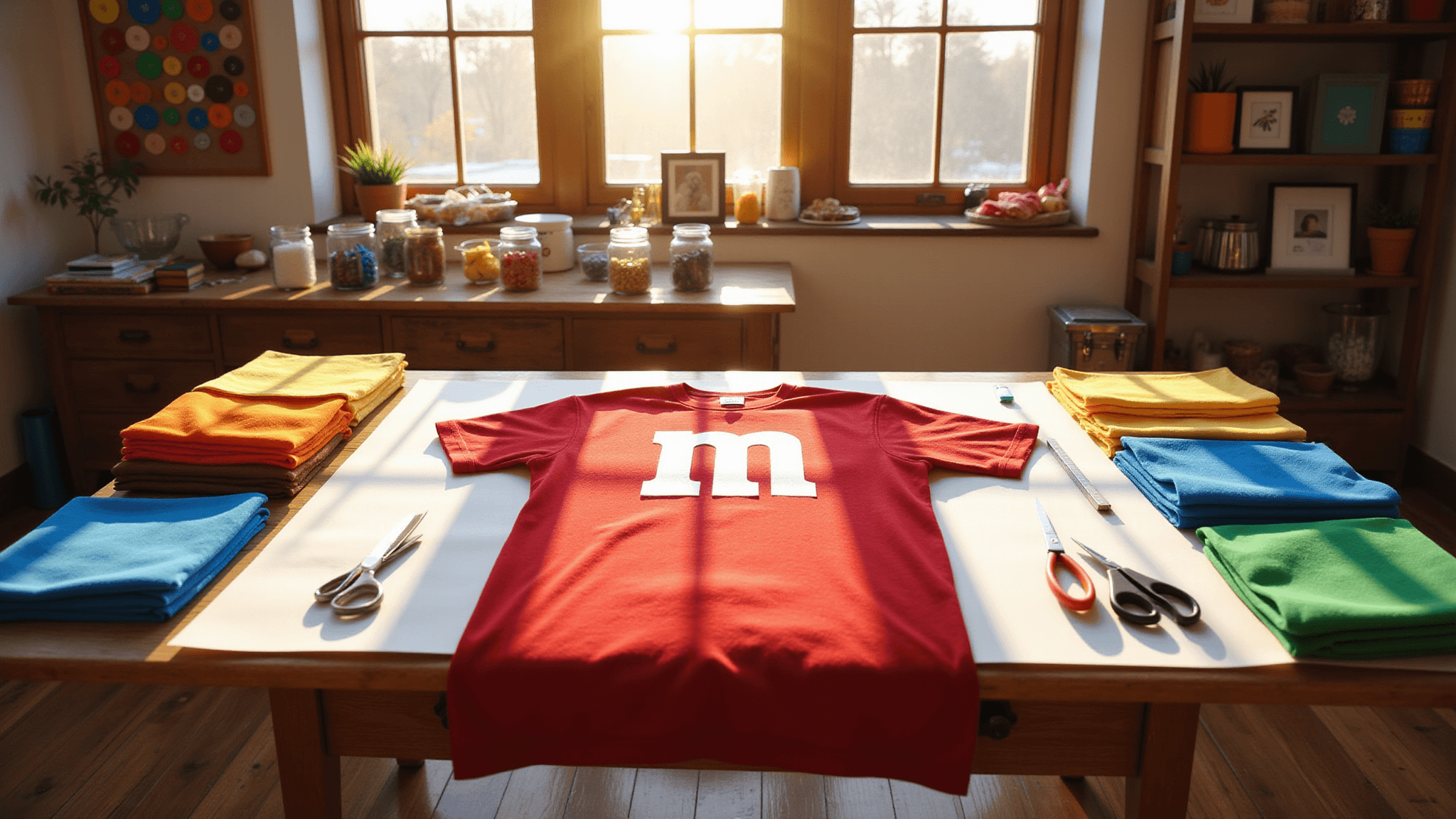 Photorealistic craft room bathed in golden hour light, featuring a worktable with a red t-shirt and white 'm' cutout, surrounded by scissors, fabric, buttons, and an inspiration board for M&M costumes.