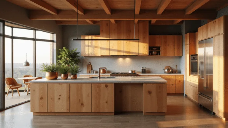 A luxurious open-concept kitchen featuring rich alder wood cabinets, waterfall island countertop, stainless steel appliances, and rustic elements, bathed in golden hour light.