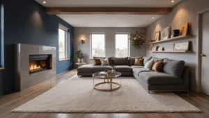 How to Transform Your Basement into a Cozy Basement Family Room A luxurious transformed basement living space featuring a navy blue accent wall, warm greige walls, a plush L-shaped grey velvet sectional, a contemporary gas fireplace, and layered lighting, all rendered in photorealistic detail.