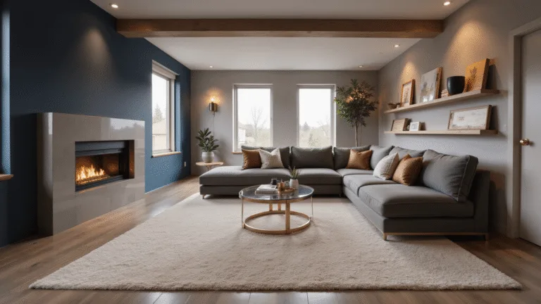 A luxurious transformed basement living space featuring a navy blue accent wall, warm greige walls, a plush L-shaped grey velvet sectional, a contemporary gas fireplace, and layered lighting, all rendered in photorealistic detail.