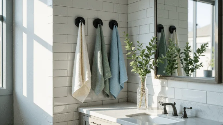 Photorealistic high-end bathroom interior with natural lighting, white subway-tiled wall, matte black towel rings holding Turkish cotton towels in sage, cream, and dusty blue, marble vanity with eucalyptus in a crystal vase, chrome fixtures, shot from a 45-degree angle with shallow depth of field, capturing luxurious textures and a spa-like atmosphere.