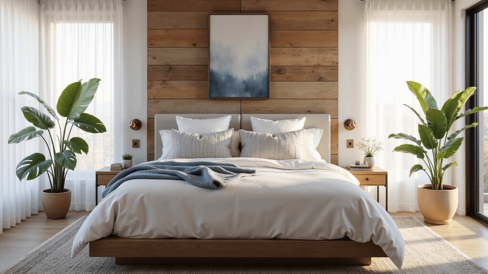 A cozy modern bedroom showcasing layered textures with soft morning sunlight filtering through sheer white curtains, featuring a king-size platform bed adorned with crisp white linens and textured throw pillows, set against a reclaimed wood accent wall, floating oak nightstands, a monstera plant, an antique Persian rug, and an abstract art piece, captured in cinematic composition.