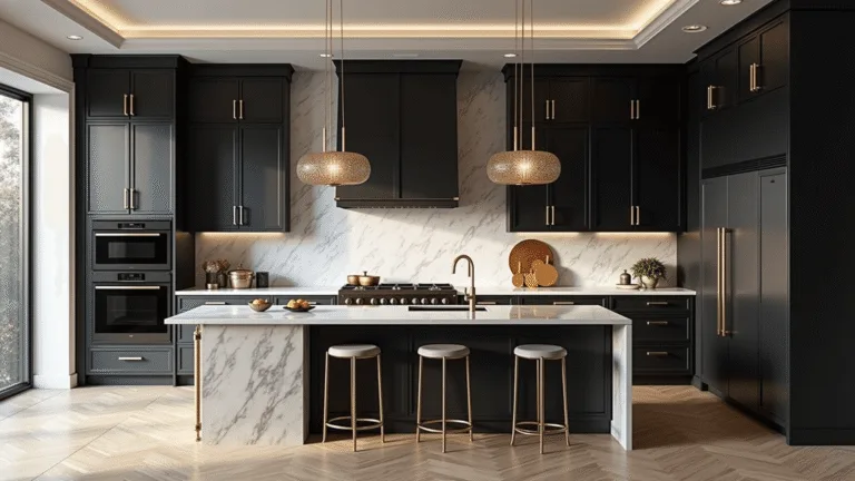 Photorealistic interior of a luxurious modern kitchen with black cabinets, gold hardware, white marble countertops, and natural light from large windows, featuring oak herringbone floors and crystal chandeliers.
