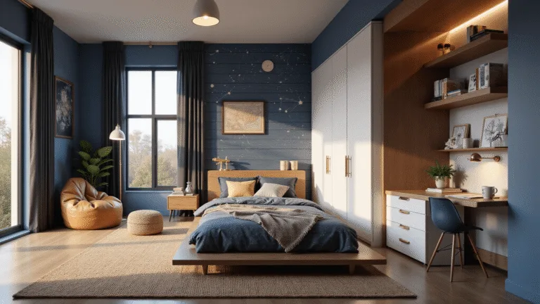 A beautifully designed boy's bedroom featuring a navy blue shiplap wall with vintage maps, a modern platform bed with cosmic-print bedding, a telescope station, reading nook, and modular storage, all illuminated by golden hour sunlight.