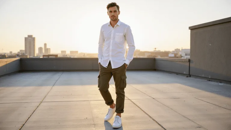 Stylish young man in slim-fit olive cargo pants and a white Oxford shirt stands confidently on an urban rooftop during golden hour, with a city skyline backdrop and minimalist white leather sneakers, captured in soft natural lighting with a shallow depth of field.