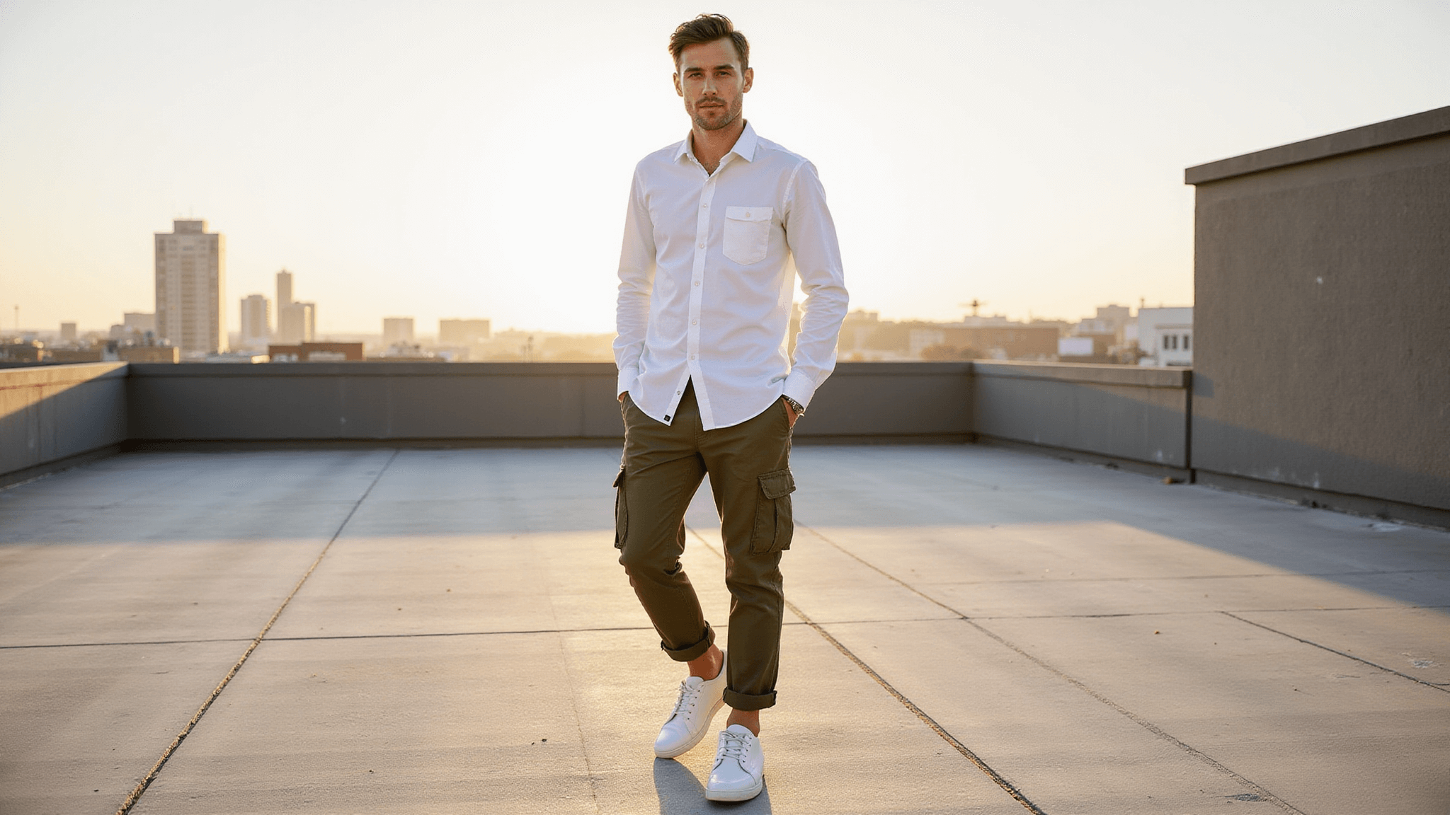 Stylish young man in slim-fit olive cargo pants and a white Oxford shirt stands confidently on an urban rooftop during golden hour, with a city skyline backdrop and minimalist white leather sneakers, captured in soft natural lighting with a shallow depth of field.