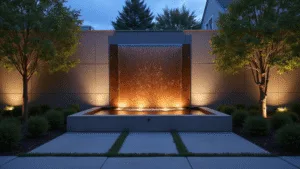 Garden Water Features: Transform Your Outdoor Space with Flowing Elegance A contemporary courtyard garden at dusk featuring a weathered copper wall fountain cascading water into a reflection pool, framed by Japanese maple trees and illuminated by uplighting, with minimalist concrete pavers and a dreamy bokeh effect.