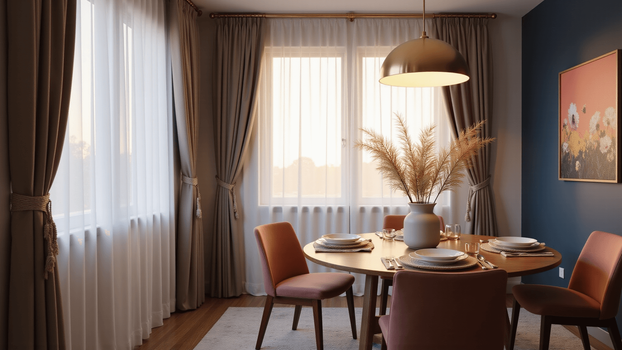 A cozy modern apartment dining room bathed in golden hour light, featuring a round walnut table with brass accents, dusty rose velvet chairs, and a navy blue accent wall adorned with coral and gold abstract art, complemented by a modern brass pendant light and a pampas grass centerpiece.