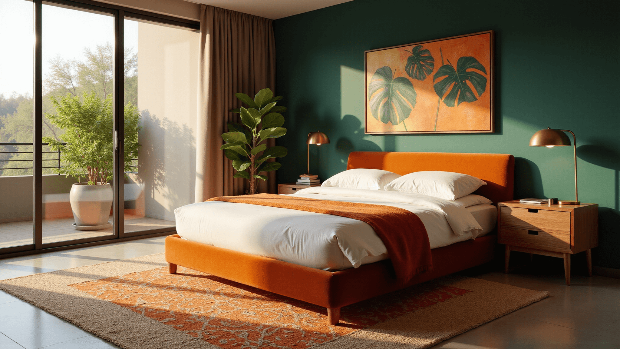 A luxurious modern bedroom featuring an emerald green accent wall, a burnt orange velvet king-size bed with white linens, and golden hour sunlight streaming through large windows, adorned with natural walnut nightstands, brass geometric lamps, layered rugs, a potted monstera plant, and abstract art in green and orange swirls.