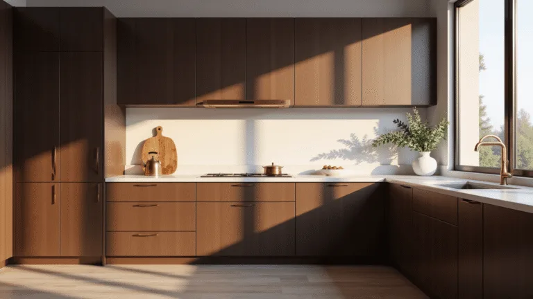 Photorealistic interior shot of a luxurious modern kitchen featuring espresso-brown cabinets, white quartz waterfall countertops, and brass hardware, illuminated by golden hour sunlight with minimal styling elements.