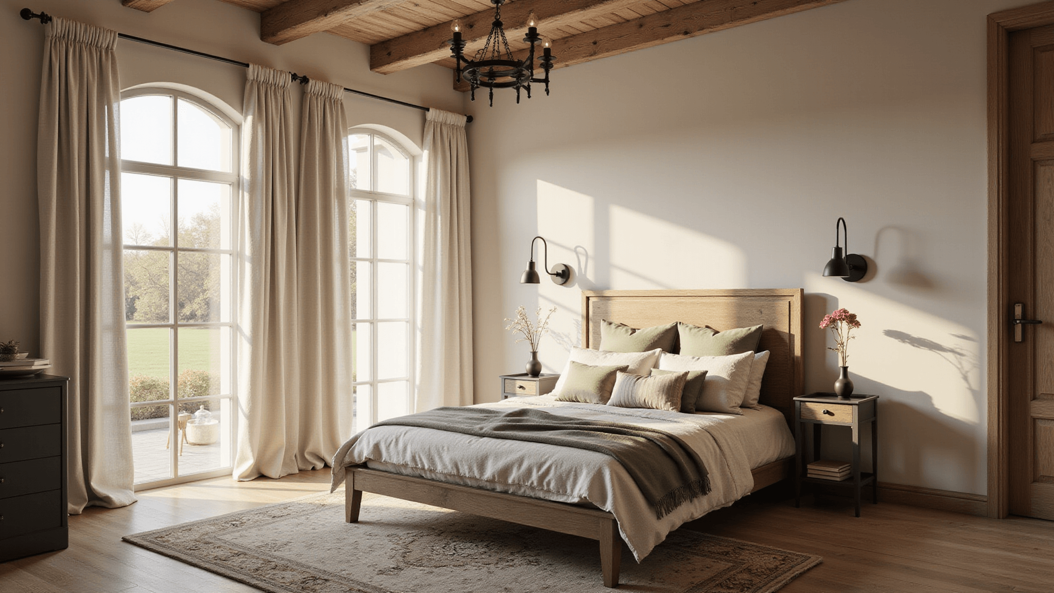 Photorealistic interior of a serene modern farmhouse bedroom bathed in golden morning light, featuring a king-size bed with a weathered oak headboard, layered bedding in neutral tones, vintage Persian rug, and elegant matte black fixtures under high ceilings with exposed beams.