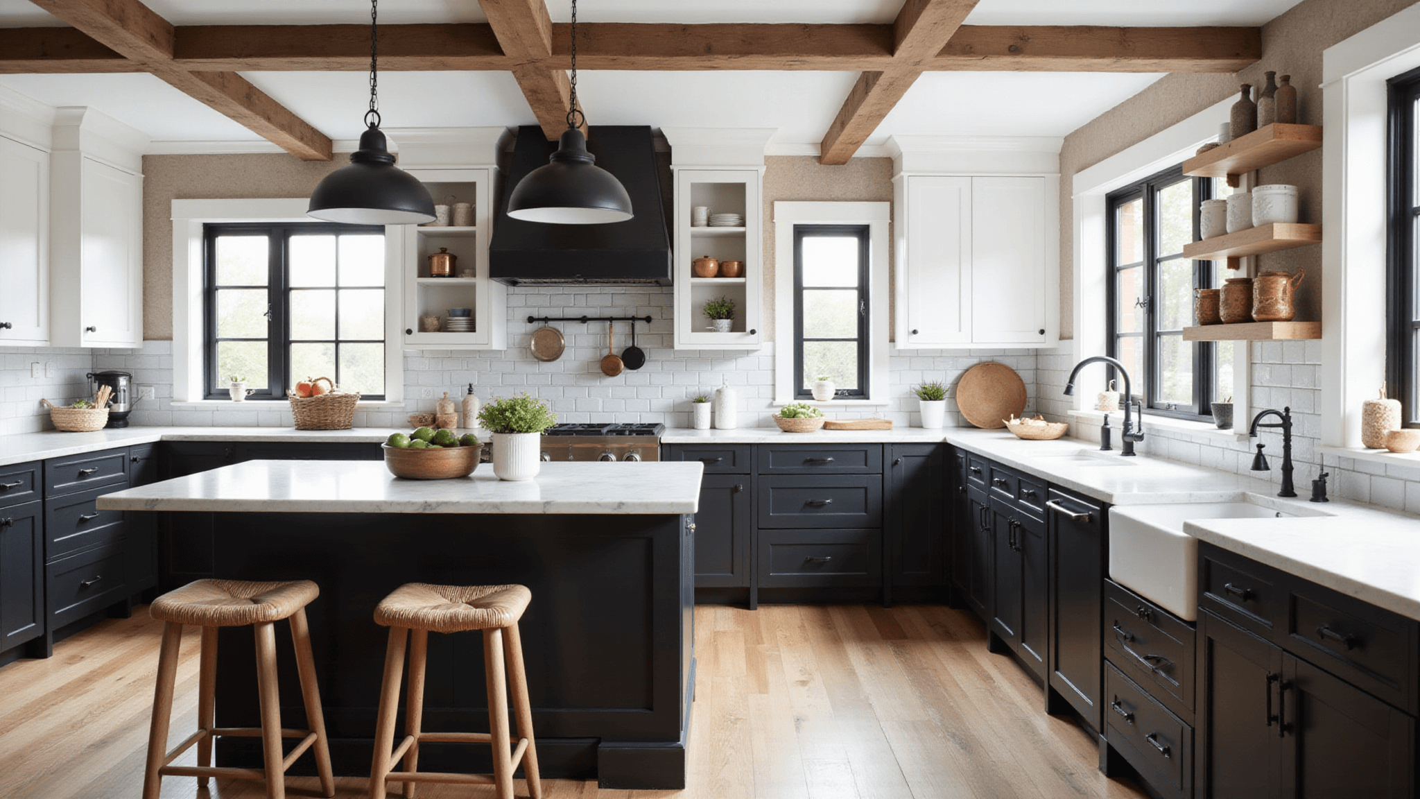Photorealistic interior of a sunlit farmhouse kitchen featuring black lower cabinets, white Shaker-style upper cabinets, a Carrara marble waterfall island, industrial pendant lights, and a white subway tile backsplash, all accented by natural light and wide-plank oak flooring.