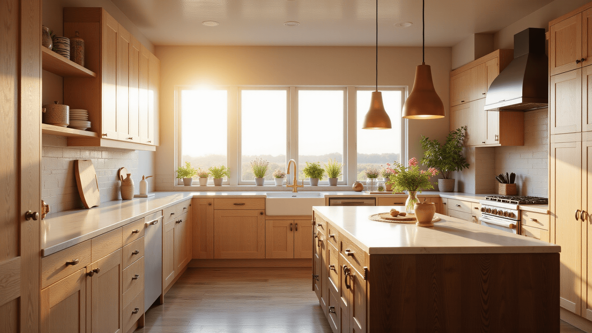 A warm, golden hour shot of a modern farmhouse kitchen featuring light oak Shaker cabinets, a dark walnut island with brass hardware, and white quartz countertops, illuminated by vintage copper pendant lights. A farmhouse sink with herb plants sits under a window, with minimal decor enhancing the hyperrealistic scene.