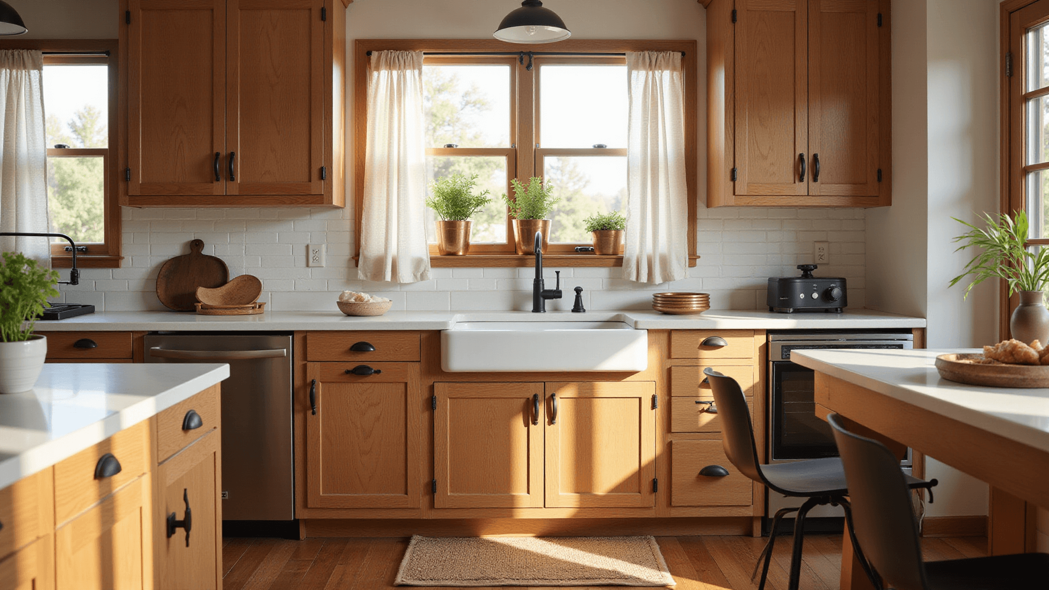 Cinematic modern farmhouse kitchen with honey-toned oak cabinets, matte black hardware, and a white quartz island, illuminated by golden morning light streaming through sheer linen curtains.