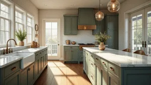 Stylish Kitchen Cabinet Ideas for 2025: Transforming Your Culinary Space Photorealistic interior of a modern farmhouse kitchen with sage green Shaker cabinets, white marble countertops, farmhouse sink, and vintage glass pendant lights; bathed in golden hour sunlight, highlighting decorative vessels and copper cookware.