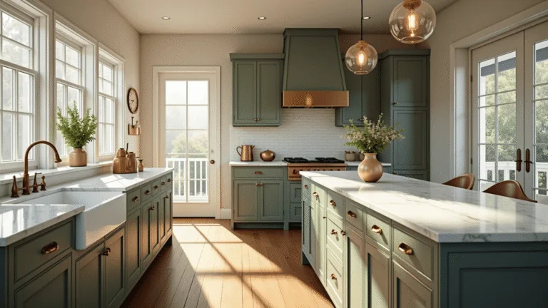 Photorealistic interior of a modern farmhouse kitchen with sage green Shaker cabinets, white marble countertops, farmhouse sink, and vintage glass pendant lights; bathed in golden hour sunlight, highlighting decorative vessels and copper cookware.