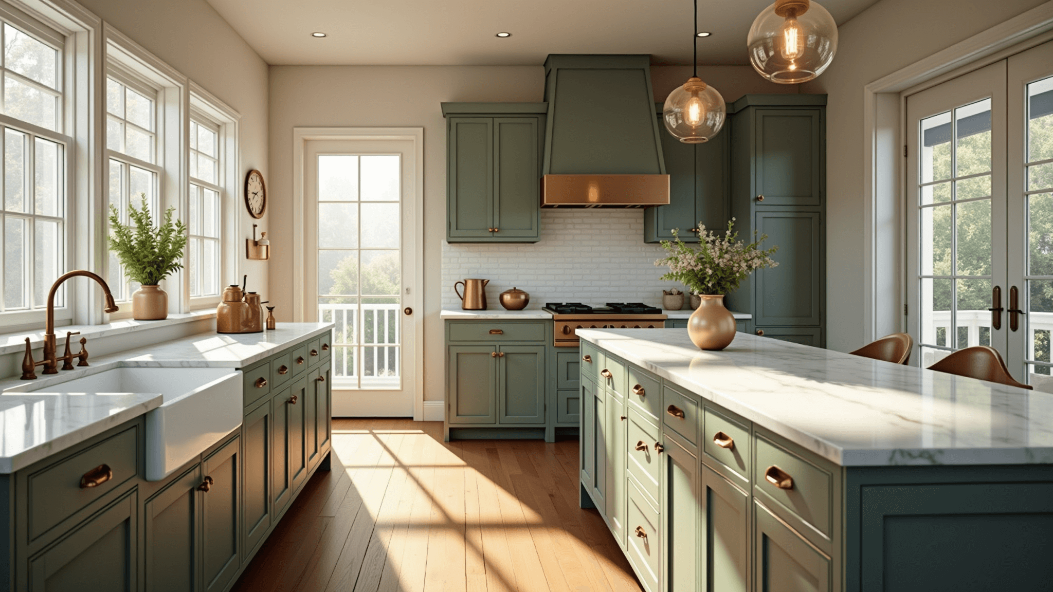 Photorealistic interior of a modern farmhouse kitchen with sage green Shaker cabinets, white marble countertops, farmhouse sink, and vintage glass pendant lights; bathed in golden hour sunlight, highlighting decorative vessels and copper cookware.