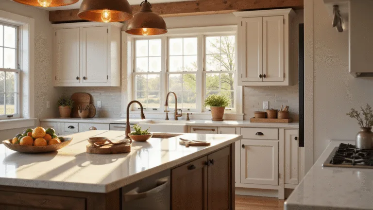 Photorealistic modern farmhouse kitchen with white oak cabinets, dark oak island, creamy quartz countertops, and vintage copper pendant lights, illuminated by natural light from triple-pane windows, showcasing artisanal ceramics and fresh herbs.
