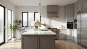 Grey Kitchen Cabinets: The Ultimate Style Solution for Modern Homes Photorealistic sunlit modern kitchen with dove grey shaker cabinets, white quartz waterfall countertops, and a marble herringbone backsplash, featuring a central island with hydrangeas, natural oak herringbone flooring, floor-to-ceiling windows, and minimalist decor.