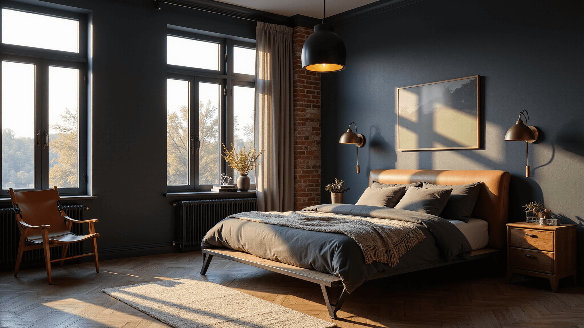Cinematic wide-angle view of a modern industrial masculine bedroom featuring a steel platform bed, exposed brick wall, and dramatic lighting, showcasing rich textures and contrasting materials.