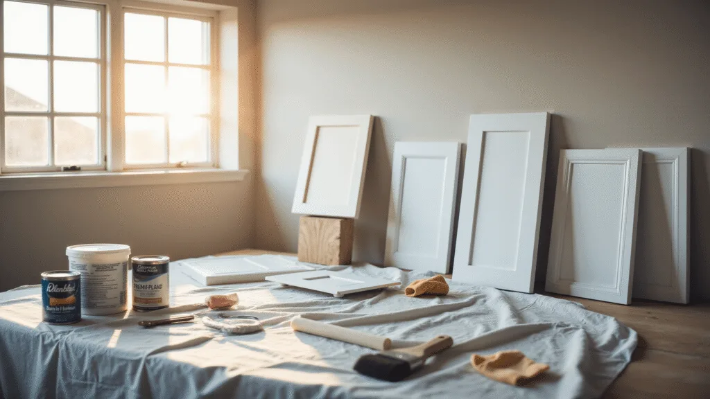 A bright and organized kitchen workspace featuring an array of painting supplies on a drop cloth, removed white cabinet doors propped up, and warm natural light casting artistic shadows, highlighting the vibrant texture and colors in a modern minimalist style.