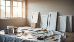 Giving Your Cabinets a Facelift: A DIY Painting Guide That Won't Make You Cry A bright and organized kitchen workspace featuring an array of painting supplies on a drop cloth, removed white cabinet doors propped up, and warm natural light casting artistic shadows, highlighting the vibrant texture and colors in a modern minimalist style.