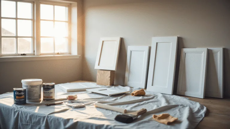 A bright and organized kitchen workspace featuring an array of painting supplies on a drop cloth, removed white cabinet doors propped up, and warm natural light casting artistic shadows, highlighting the vibrant texture and colors in a modern minimalist style.