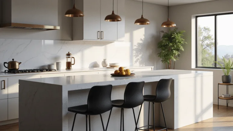 Photorealistic interior of a contemporary kitchen featuring a quartz waterfall breakfast bar, matte black metal bar stools, and minimalist brass pendant lights, illuminated by soft morning sunlight streaming through floor-to-ceiling windows.