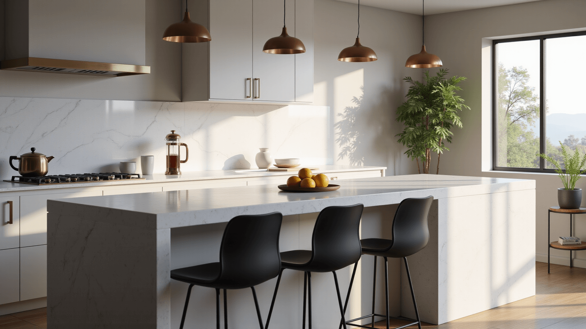 Photorealistic interior of a contemporary kitchen featuring a quartz waterfall breakfast bar, matte black metal bar stools, and minimalist brass pendant lights, illuminated by soft morning sunlight streaming through floor-to-ceiling windows.
