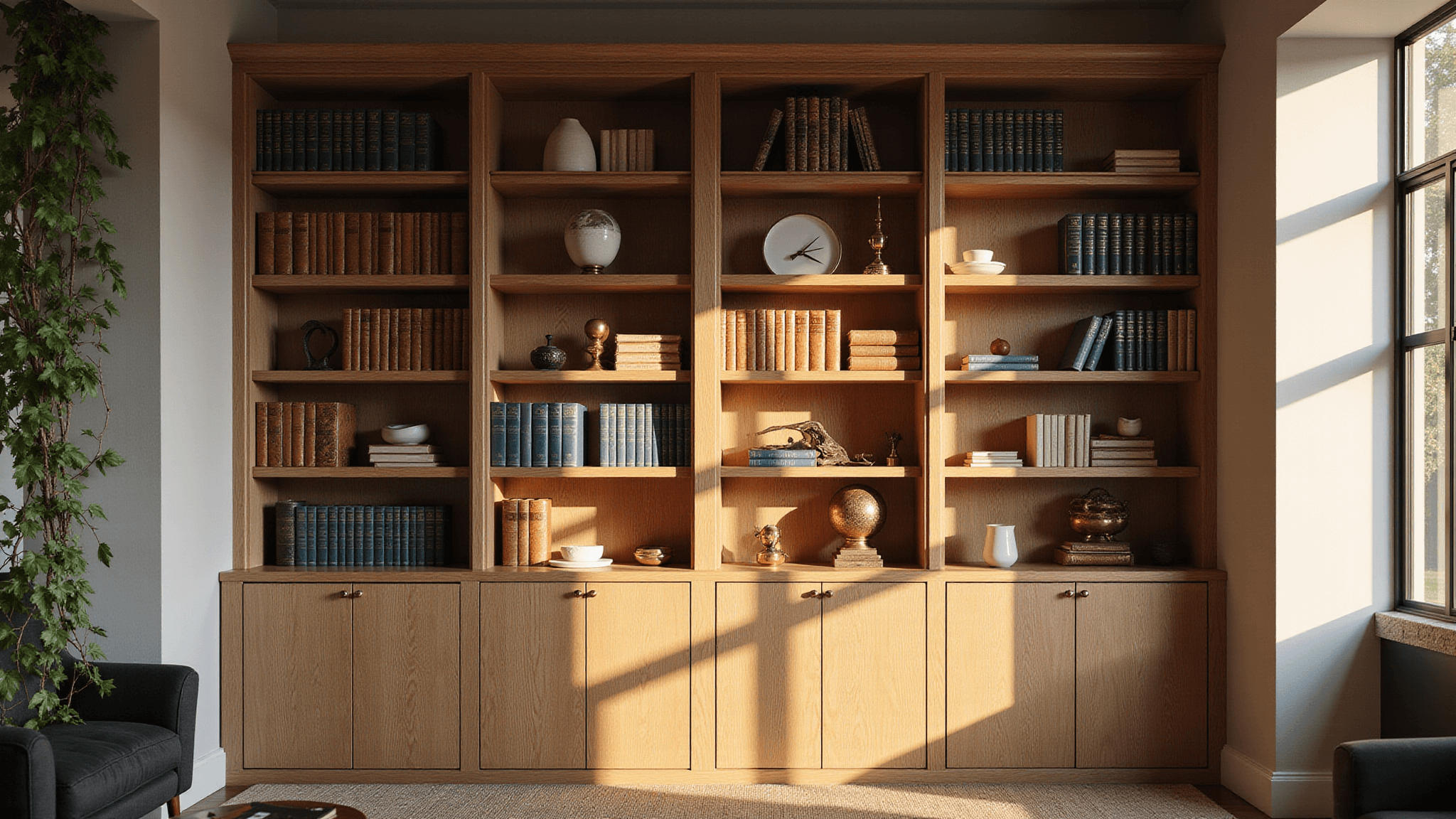 A modern study featuring a sophisticated floor-to-ceiling white oak bookcase filled with leather-bound books, brass decorative objects, and greenery, illuminated by warm golden hour light streaming through tall windows.