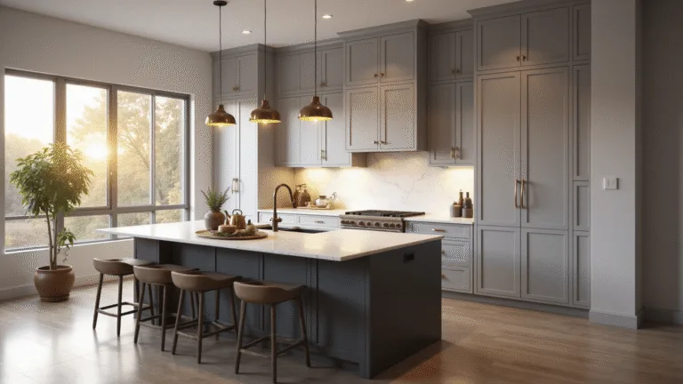 Photorealistic interior of a modern luxury kitchen showcasing dove gray Shaker cabinets with brass hardware, a charcoal gray waterfall island topped with white Carrara marble, and warm lighting from pendant fixtures, all illuminated by floor-to-ceiling windows during golden hour.