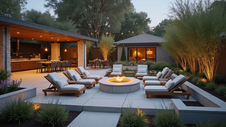 Cinematic aerial view of a luxury suburban backyard featuring a modern dining pavilion, circular fire pit, raised garden beds, bamboo privacy screens, LED lighting, and a Zen water feature, all captured at golden hour in 8K resolution.