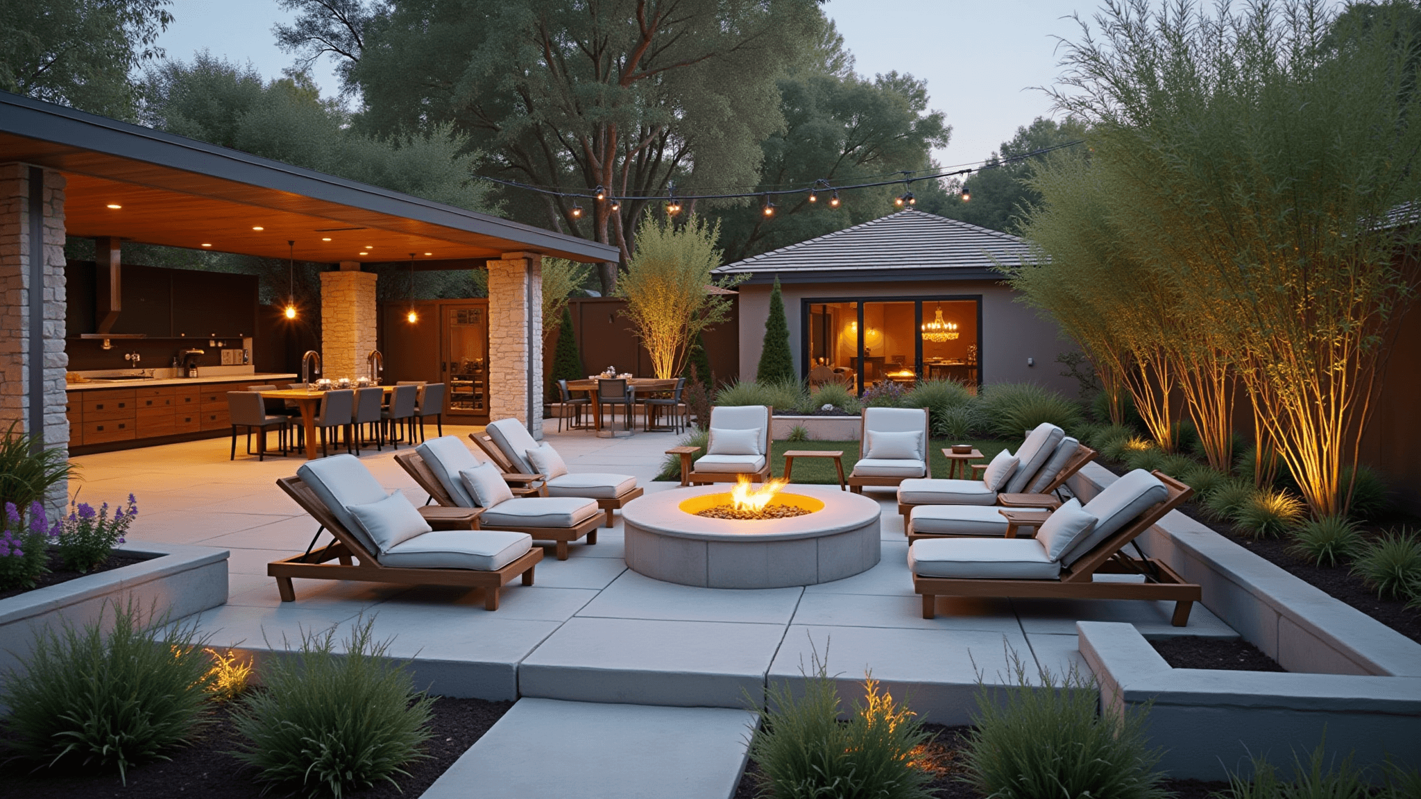 Cinematic aerial view of a luxury suburban backyard featuring a modern dining pavilion, circular fire pit, raised garden beds, bamboo privacy screens, LED lighting, and a Zen water feature, all captured at golden hour in 8K resolution.