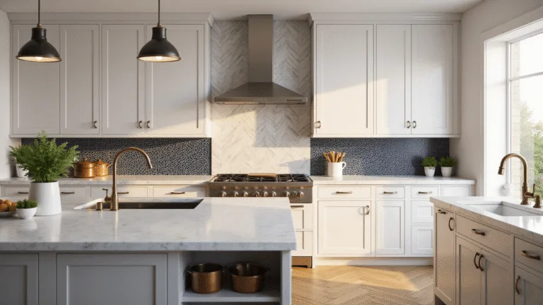 A luxurious modern kitchen showcasing white shaker cabinets, various backsplash designs, and a marble waterfall island, captured in dramatic golden hour lighting.
