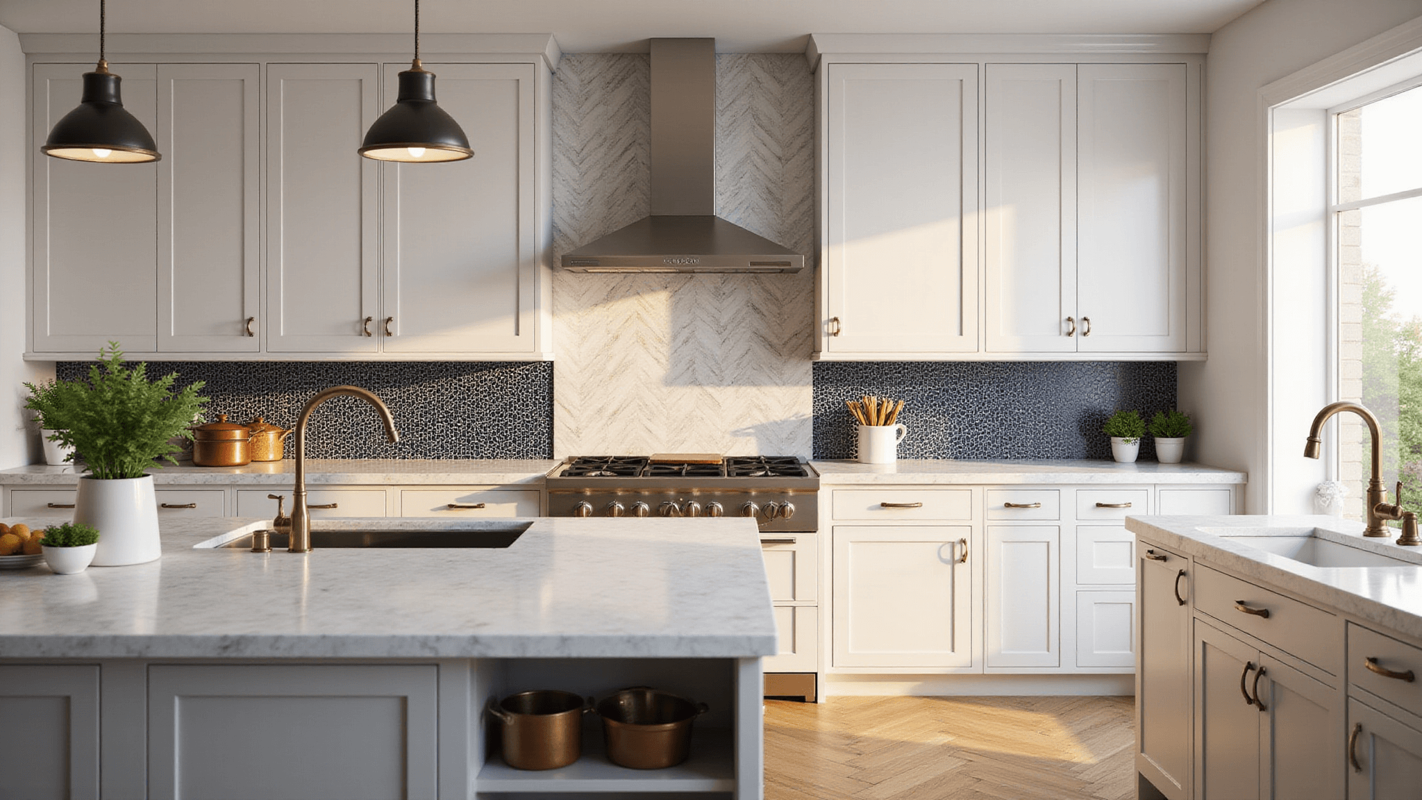 A luxurious modern kitchen showcasing white shaker cabinets, various backsplash designs, and a marble waterfall island, captured in dramatic golden hour lighting.