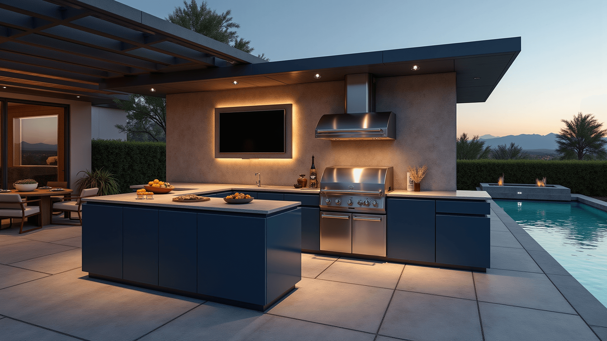Photorealistic image of a luxurious L-shaped outdoor kitchen at twilight, featuring navy blue cabinets, stainless steel appliances, polished concrete countertops, and a dual fuel grill, surrounded by an infinity pool, modern furniture, and an atmospheric pergola.