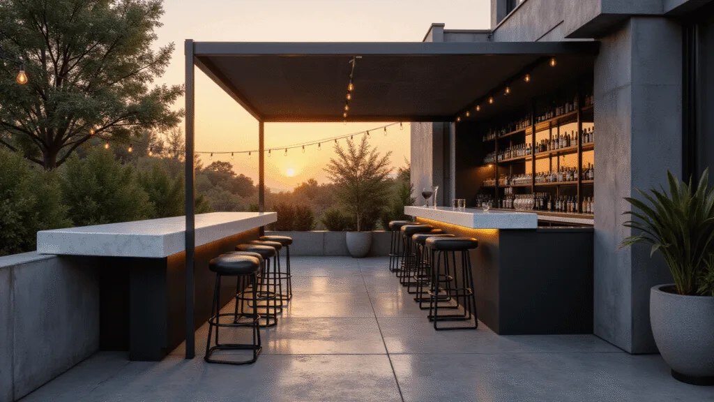 Cinematic wide-angle shot of a luxurious L-shaped patio bar at sunset, featuring a matte black metal frame, white quartz countertop, and chrome bar stools, illuminated by warm, amber lighting and string lights, with ambient bokeh and modern planters, all captured in photorealistic detail.