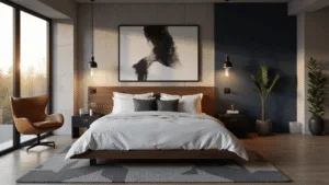 Bedroom Ideas for Men: Design a Sophisticated Sanctuary That Screams Success A modern bedroom featuring a dark walnut platform bed, warm golden hour sunlight, industrial pendant lights, a cognac leather Eames lounge chair, an abstract canvas, and a textured concrete wall, accented with a geometric wool rug and natural elements.