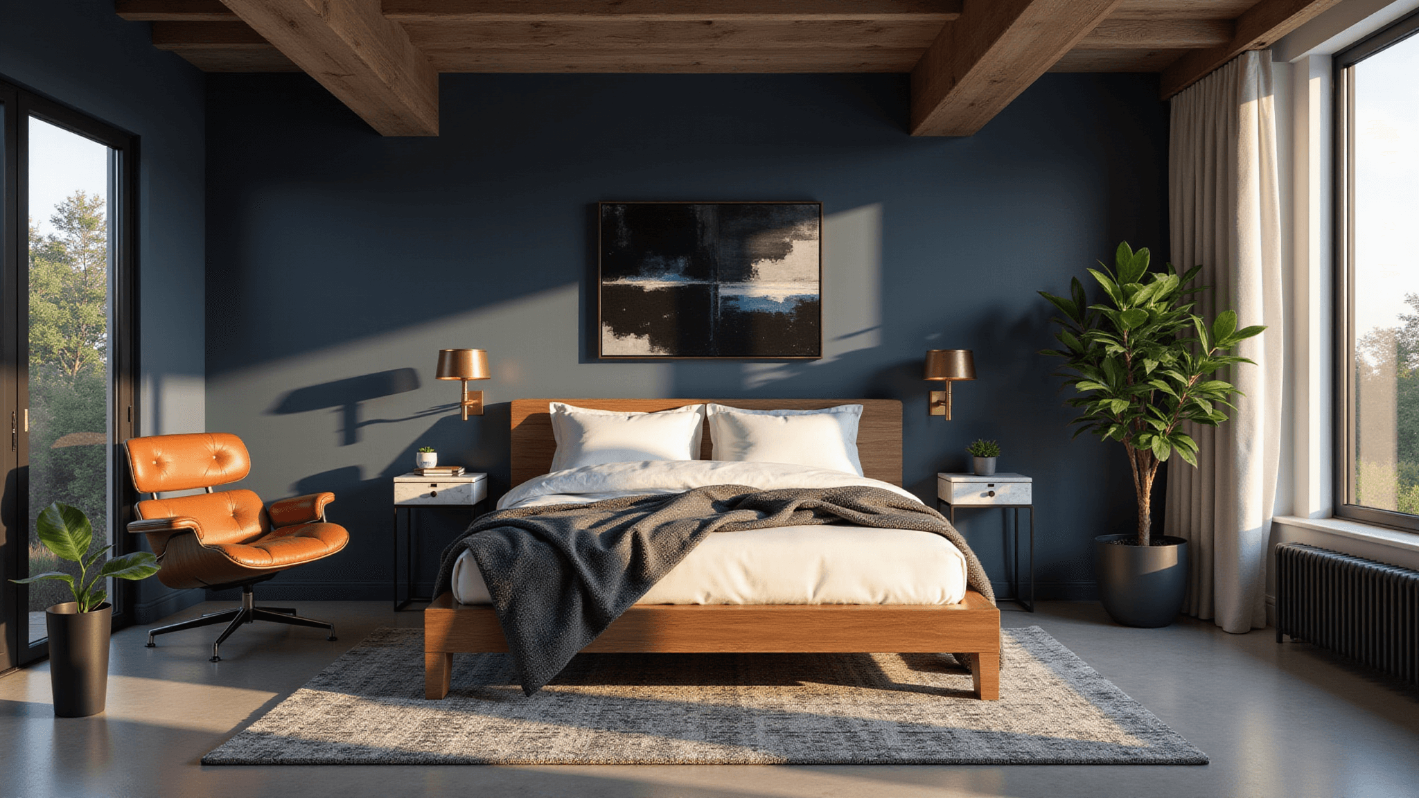 A sophisticated modern bedroom with a walnut platform bed, navy accent wall, and golden hour sunlight, featuring industrial decor elements and rich textures in a photorealistic style.