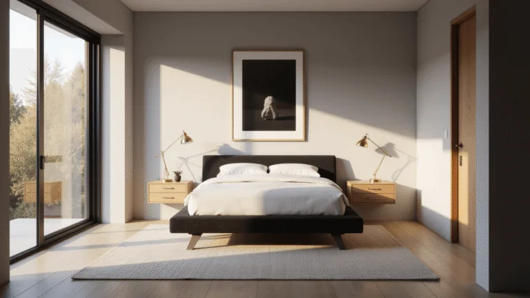 A serene modern minimalist bedroom featuring a black platform bed with white linen bedding, light gray walls, large picture window, and warm golden hour lighting casting shadows on white oak flooring, enhanced by light wood floating nightstands and minimal brass lamps.
