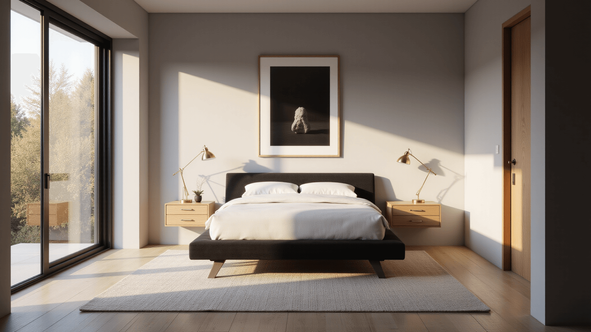 A serene modern minimalist bedroom featuring a black platform bed with white linen bedding, light gray walls, large picture window, and warm golden hour lighting casting shadows on white oak flooring, enhanced by light wood floating nightstands and minimal brass lamps.